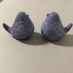 Lavender Ceramic Birds Pair Ornate Floral Embossed Whimsical Home Decor Art